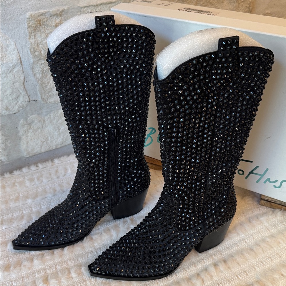Betsey Johnson Black Crystal-Embellished Knee-High Western Boots - Picture 13 of 16
